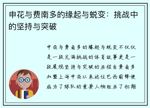 申花与费南多的缘起与蜕变：挑战中的坚持与突破