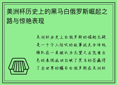 美洲杯历史上的黑马白俄罗斯崛起之路与惊艳表现