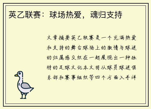 英乙联赛：球场热爱，魂归支持